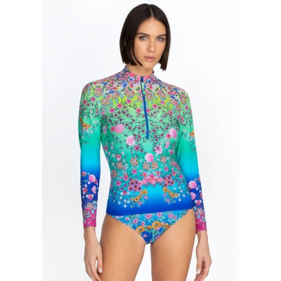 Johnny Was Swimwear SURF SHIRT Comfort Rash Guard Floral Blue Multi Top New - Picture 1 of 5